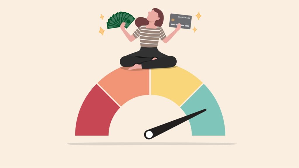 Drawing of a woman sitting on a scale with money on one hand and a credit card on another