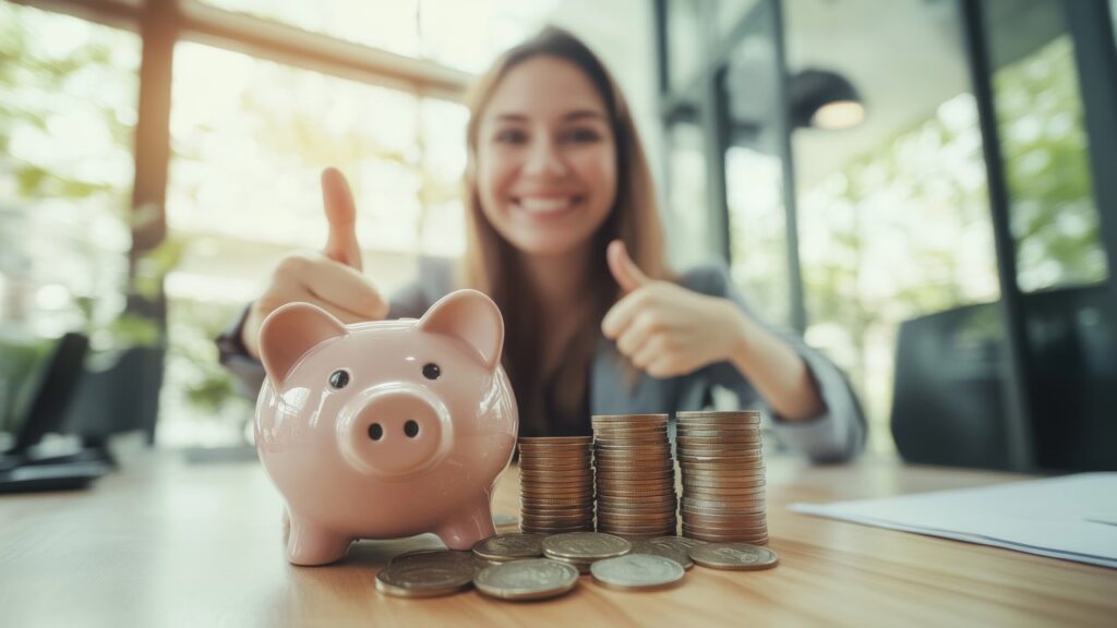 Girl happy with piggy bank