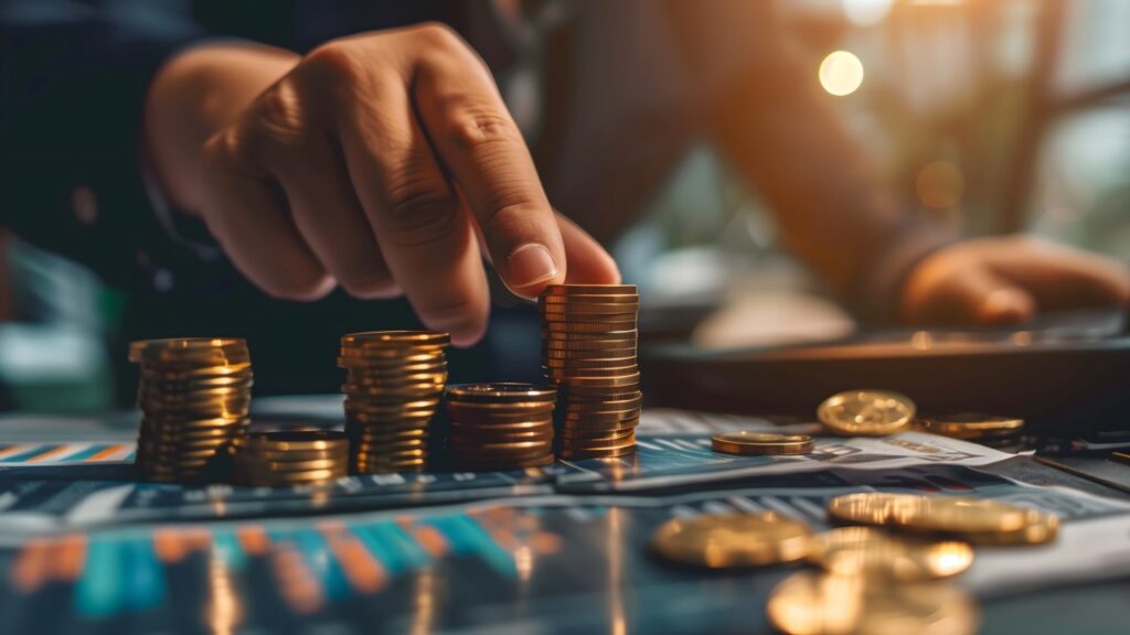 Hand pilling up coins