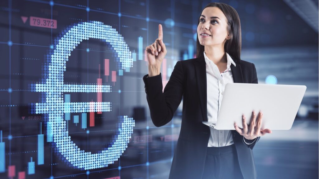 Business woman holding computer